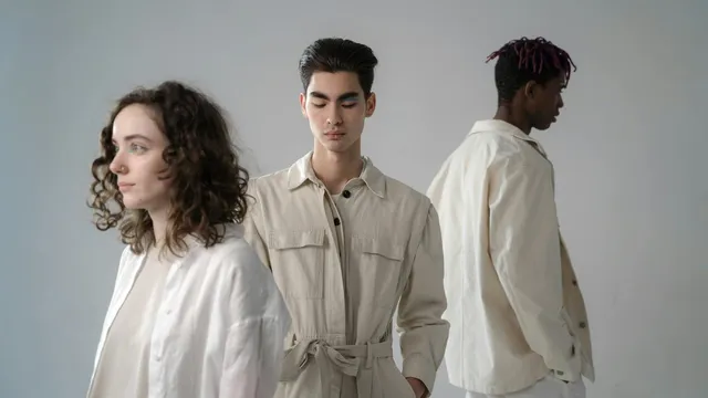 Digital product passport consumer, young adults in stylish neutral outfits during a studio photoshoot