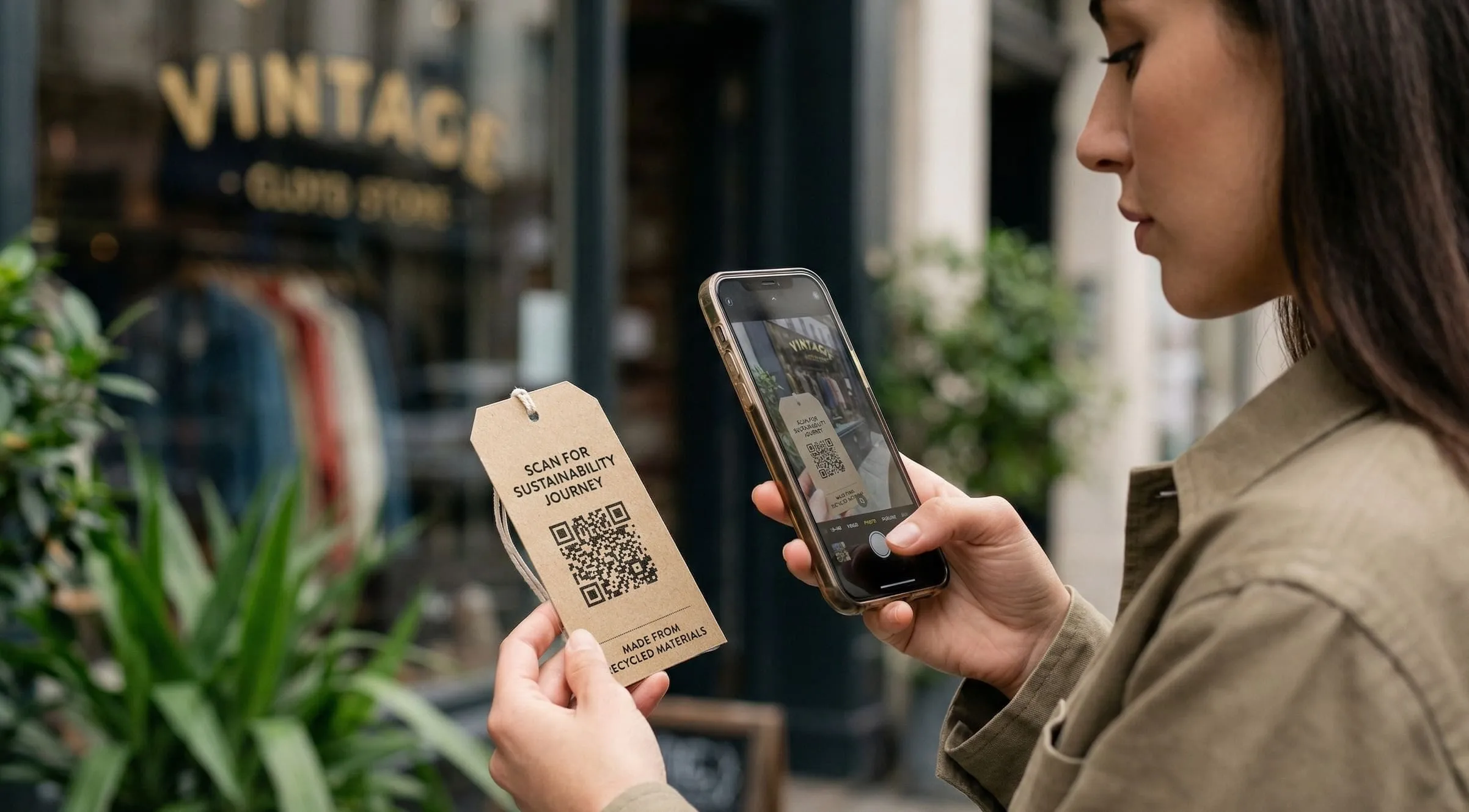 A woman scanning a Digital Product Passport QR code on a fashion garment tag