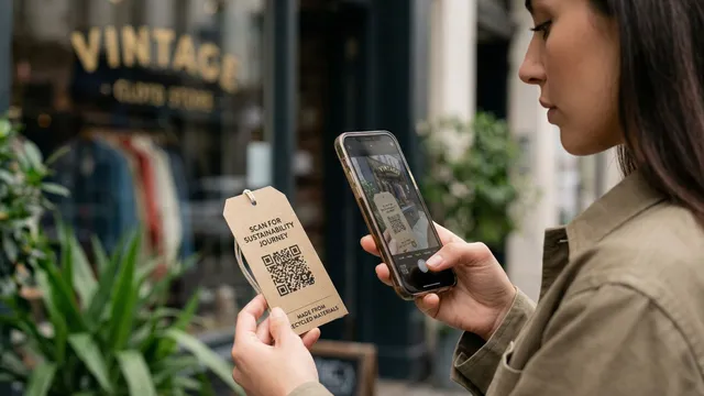 A woman scanning a Digital Product Passport QR code on a fashion garment tag