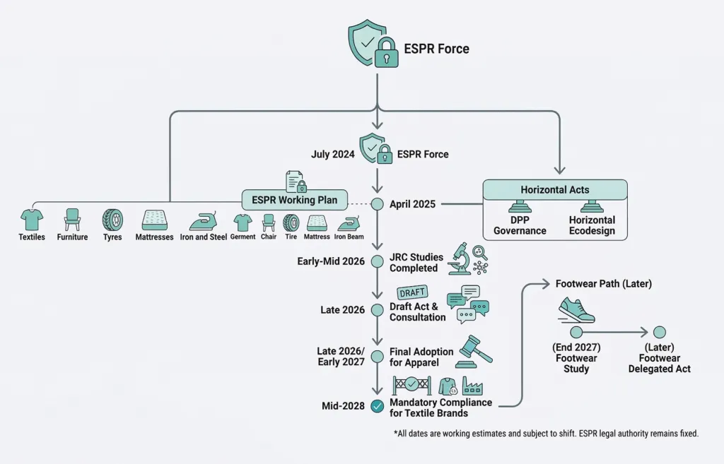 EU digital product passport regulation timeline, ESPR delegated act milestones for fashion brands